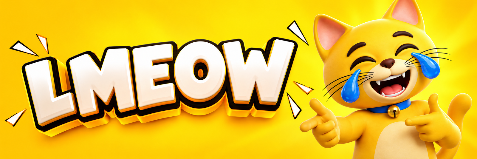 LMEOW wordmark beside the laughing yellow cat pointing straight at you